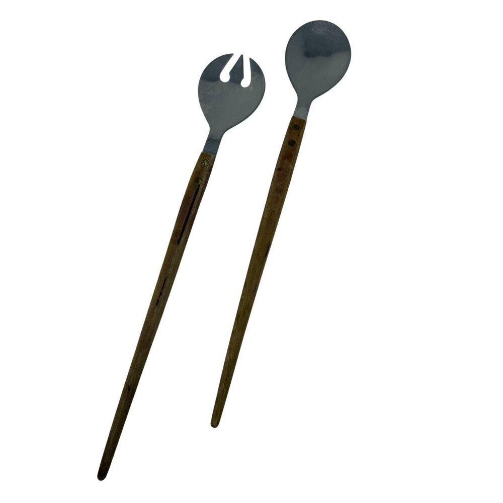 Vtg Arnart Salad Serving Fork Spoon Utensil Teak Wood Handle Stainless Japan MCM